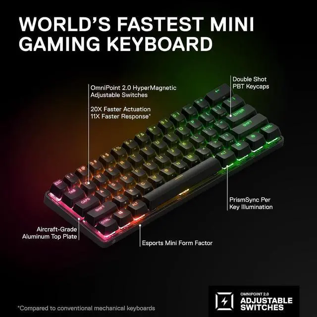 Alt view image 2 of 7 - SteelSeries Apex Pro Mini Wireless HyperMagnetic Gaming Keyboard  Compact 60% Form Factor - Adjustable Actuation - RGB  PBT Keycaps- Bluetooth  2.4GHz - USB-C