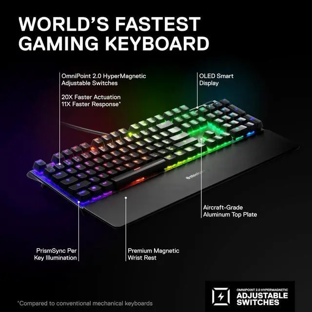 Alt view image 2 of 7 - SteelSeries Apex Pro HyperMagnetic Gaming Keyboard  Adjustable Actuation  OLED Screen  RGB  USB Passthrough