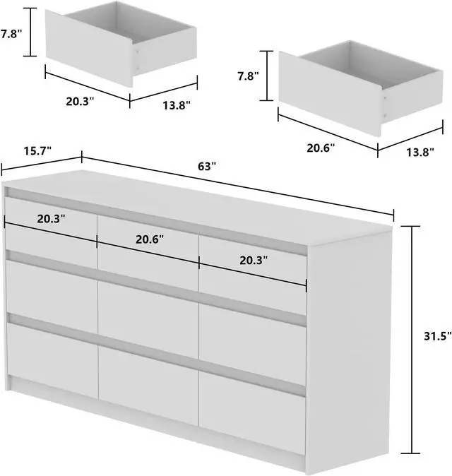 Alt view image 2 of 7 - 9 Drawers Double Dresser, Modern Wood Dresser Chest of Drawers with Large Storage Space for Bedroom,  (63L x 15.7W x 31.5H) White
