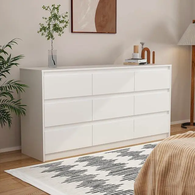 Alt view image 4 of 7 - 9 Drawers Double Dresser, Modern Wood Dresser Chest of Drawers with Large Storage Space for Bedroom,  (63L x 15.7W x 31.5H) White