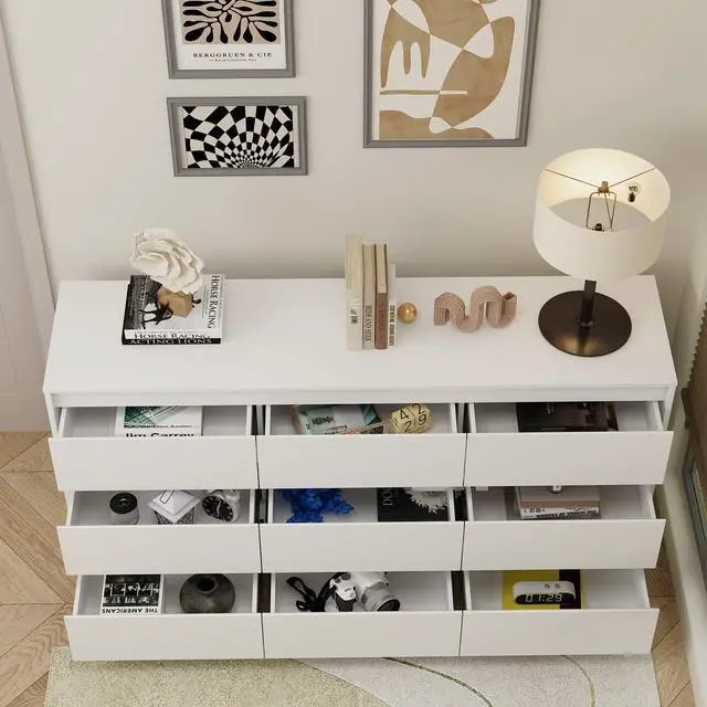 Alt view image 3 of 7 - 9 Drawers Double Dresser, Modern Wood Dresser Chest of Drawers with Large Storage Space for Bedroom,  (63L x 15.7W x 31.5H) White