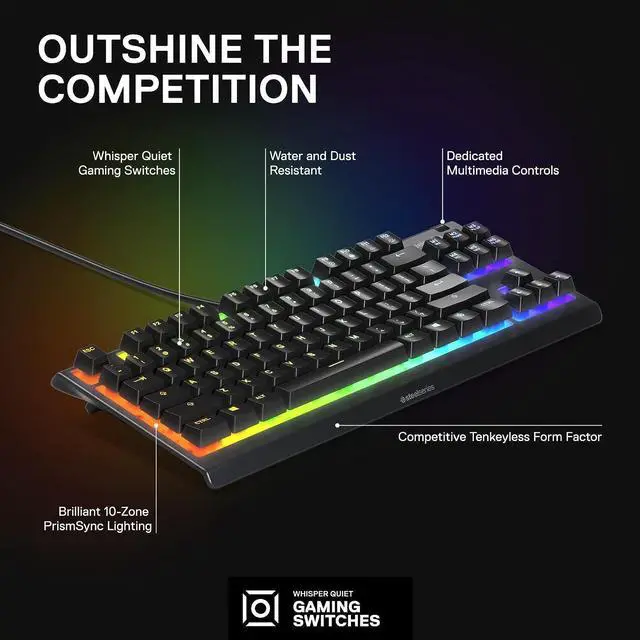 Alt view image 2 of 5 - SteelSeries Apex 3 TKL RGB Gaming Keyboard  Tenkeyless Compact Form Factor - 8-Zone RGB Illumination  IP32 Water & Dust Resistant  Whisper Quiet Gaming Switch  Gaming Grade Anti-Ghosting,Black
