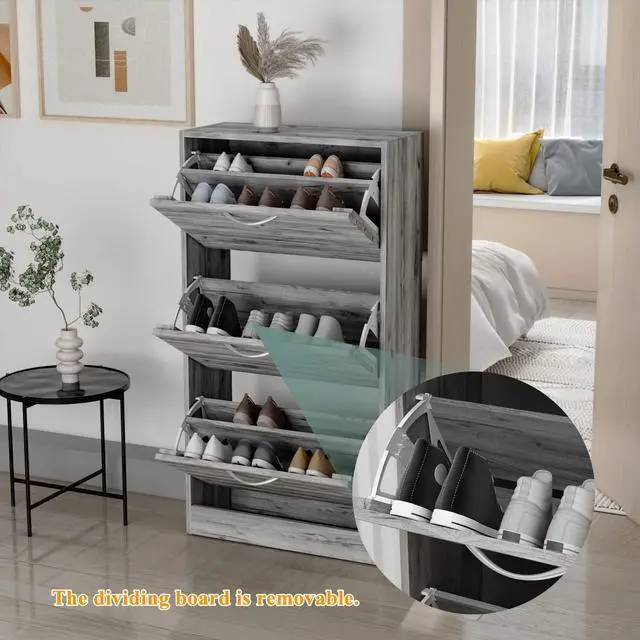 Alt view image 4 of 7 - 3-Drawer Shoe Storage Cabinet with Louver Doors, 3-Tier Wood Shoe Rack Storage Organizer for Entryway,  (22.4L x 9.4W x 42.3H) Gray