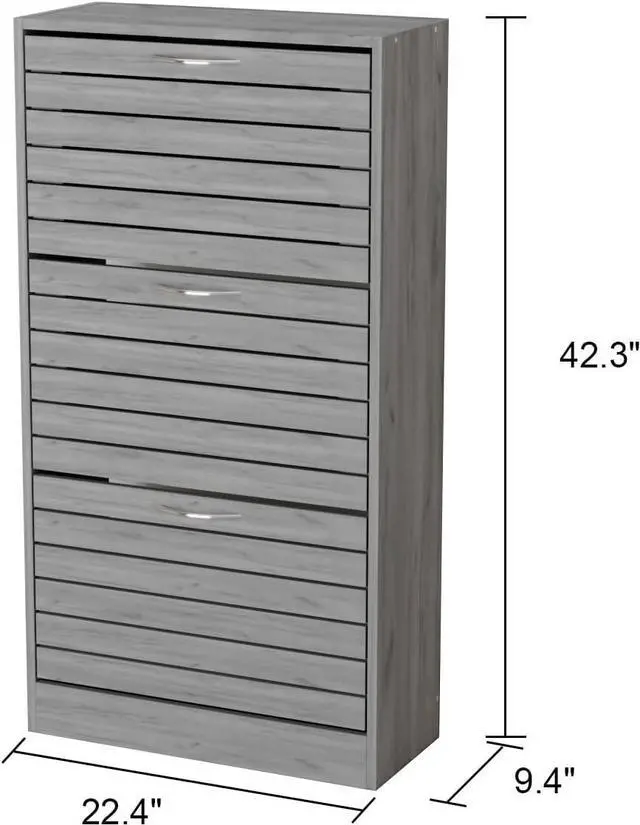 Alt view image 2 of 7 - 3-Drawer Shoe Storage Cabinet with Louver Doors, 3-Tier Wood Shoe Rack Storage Organizer for Entryway,  (22.4L x 9.4W x 42.3H) Gray
