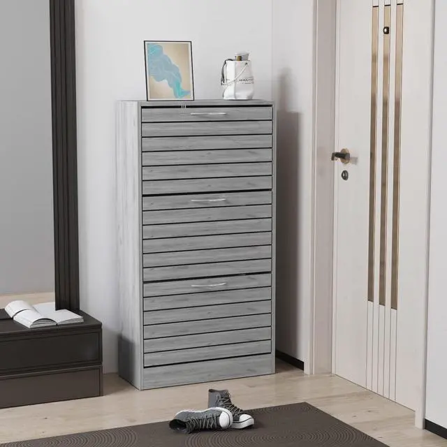 Alt view image 3 of 7 - 3-Drawer Shoe Storage Cabinet with Louver Doors, 3-Tier Wood Shoe Rack Storage Organizer for Entryway,  (22.4L x 9.4W x 42.3H) Gray