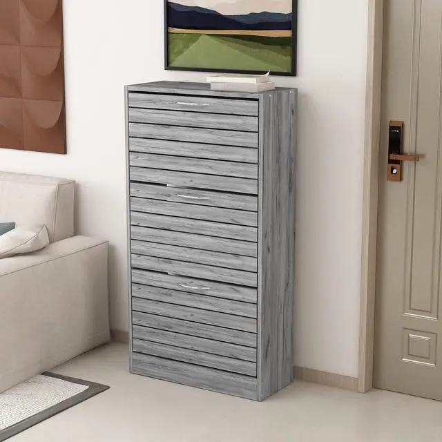 Main image of 3-Drawer Shoe Storage Cabinet with Louver Doors, 3-Tier Wood Shoe Rack Storage Organizer for Entryway,  (22.4L x 9.4W x 42.3H) Gray