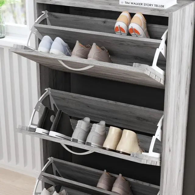 Alt view image 7 of 7 - 3-Drawer Shoe Storage Cabinet with Louver Doors, 3-Tier Wood Shoe Rack Storage Organizer for Entryway,  (22.4L x 9.4W x 42.3H) Gray