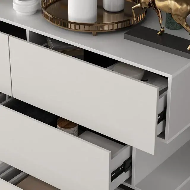 Alt view image 5 of 7 - Modern Dresser Storage Chest with 6 Drawers & Stylish Shape, Wood Double Dresser Chest with Glossy Surface for Bedroom, Living Room & Hallway White