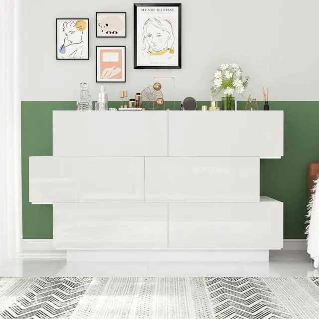 Alt view image 4 of 7 - Modern Dresser Storage Chest with 6 Drawers & Stylish Shape, Wood Double Dresser Chest with Glossy Surface for Bedroom, Living Room & Hallway White