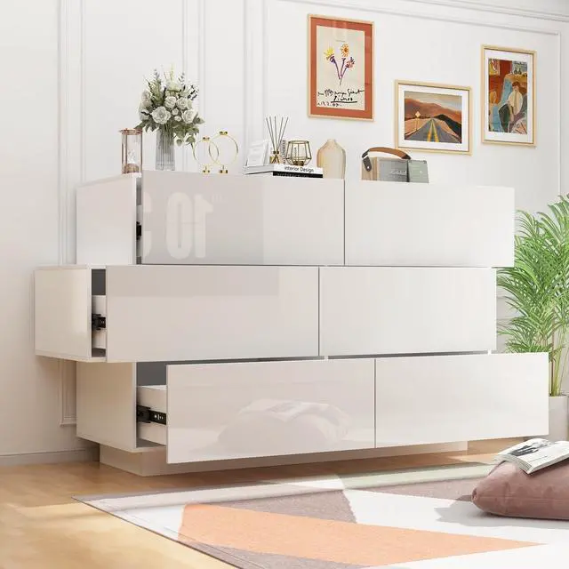 Alt view image 3 of 7 - Modern Dresser Storage Chest with 6 Drawers & Stylish Shape, Wood Double Dresser Chest with Glossy Surface for Bedroom, Living Room & Hallway White