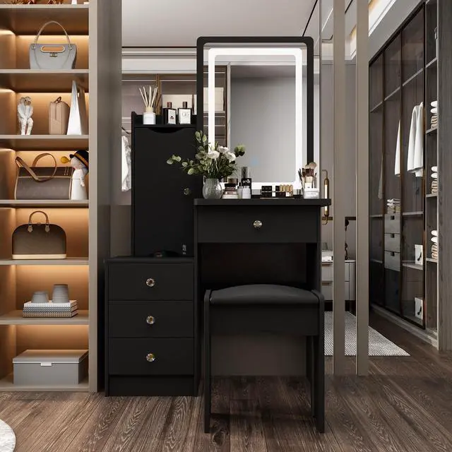 Alt view image 2 of 7 - Vanity Desk Set Makeup Table with Large Sliding Lighted Mirror, Dressing Table with 4 Drawers, Hidden Storage Shelves & Cushioned Stool for Bedroom, Black
