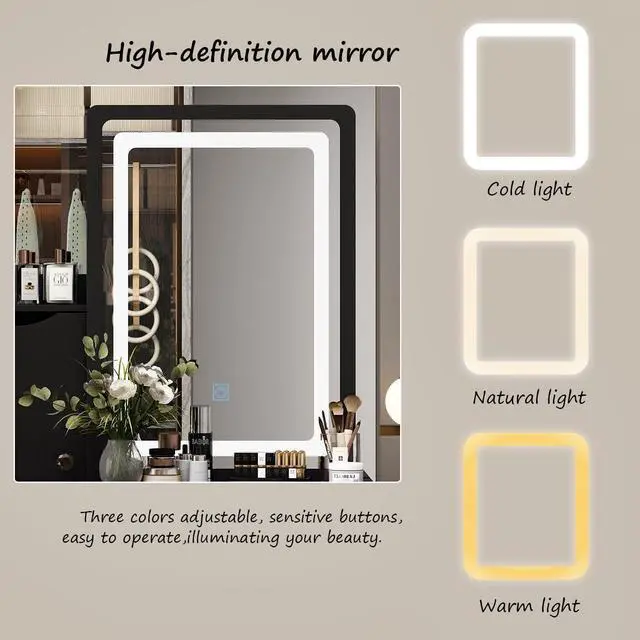 Alt view image 3 of 7 - Vanity Desk Set Makeup Table with Large Sliding Lighted Mirror, Dressing Table with 4 Drawers, Hidden Storage Shelves & Cushioned Stool for Bedroom, Black