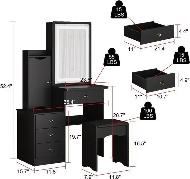 Alt view image 7 of 7 - Vanity Desk Set Makeup Table with Large Sliding Lighted Mirror, Dressing Table with 4 Drawers, Hidden Storage Shelves & Cushioned Stool for Bedroom, Black