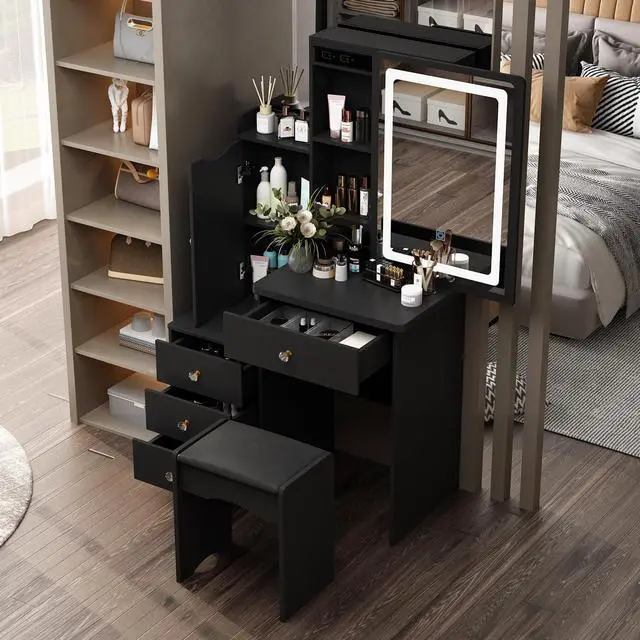 Main image of Vanity Desk Set Makeup Table with Large Sliding Lighted Mirror, Dressing Table with 4 Drawers, Hidden Storage Shelves & Cushioned Stool for Bedroom, Black