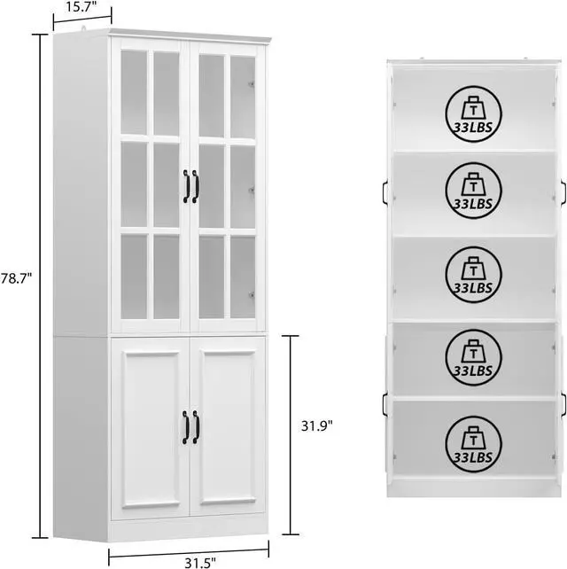 Alt view image 3 of 7 - Tall Bookcase Bookshelf with 5-Tier Shelves & 2 Glass Doors, Wooden Display Storage Cabinet for Home Office, Living Room, White (31.5W x 15.7D x 78.7H)