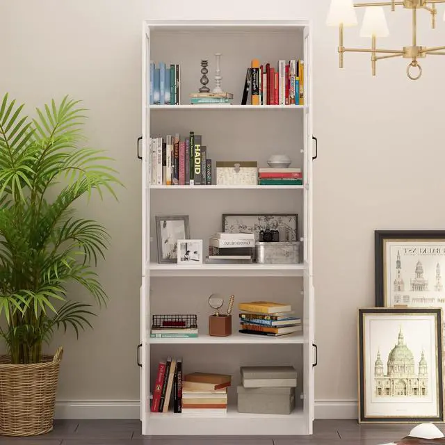 Alt view image 4 of 7 - Tall Bookcase Bookshelf with 5-Tier Shelves & 2 Glass Doors, Wooden Display Storage Cabinet for Home Office, Living Room, White (31.5W x 15.7D x 78.7H)