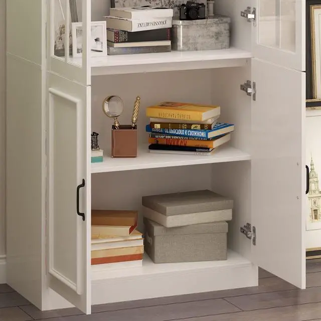 Alt view image 5 of 7 - Tall Bookcase Bookshelf with 5-Tier Shelves & 2 Glass Doors, Wooden Display Storage Cabinet for Home Office, Living Room, White (31.5W x 15.7D x 78.7H)