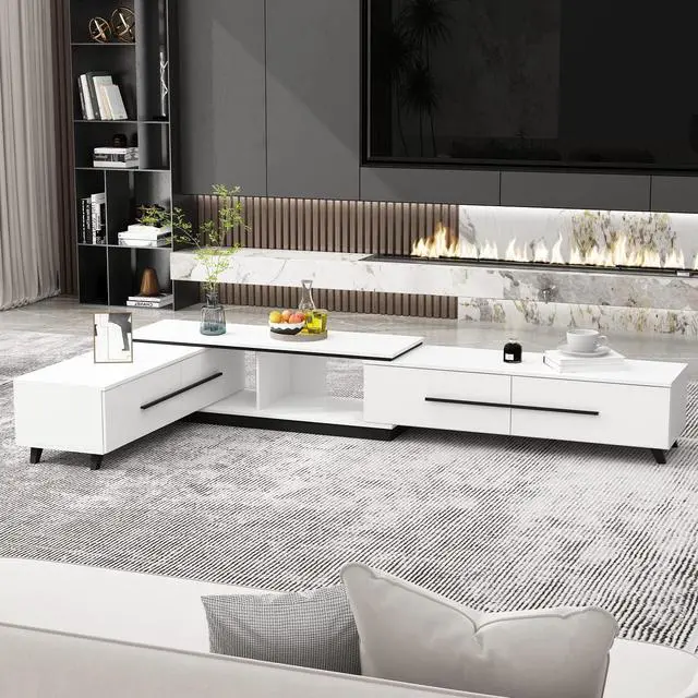 Alt view image 4 of 7 - Extendable TV Stand for TVs up to 75", Modern TV Cabinet & Entertainment Center with Shelves & Drawers, Media Console Table for Living Room, Bedroom,  (95" L x 15.7" D x 13.18" H) White