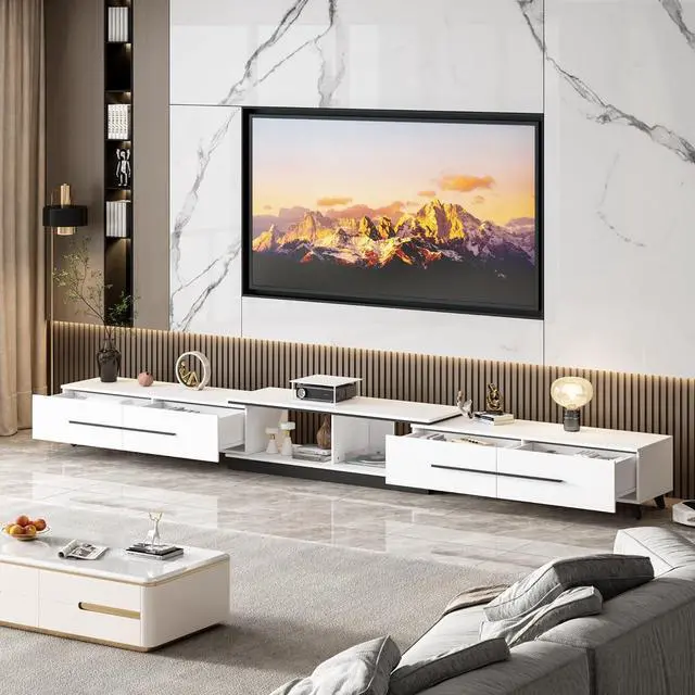 Alt view image 2 of 7 - Extendable TV Stand for TVs up to 75", Modern TV Cabinet & Entertainment Center with Shelves & Drawers, Media Console Table for Living Room, Bedroom,  (95" L x 15.7" D x 13.18" H) White