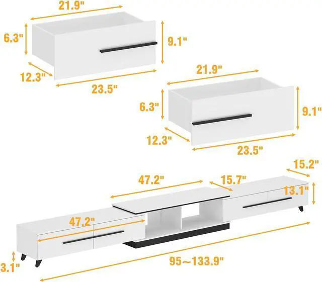 Alt view image 7 of 7 - Extendable TV Stand for TVs up to 75", Modern TV Cabinet & Entertainment Center with Shelves & Drawers, Media Console Table for Living Room, Bedroom,  (95" L x 15.7" D x 13.18" H) White
