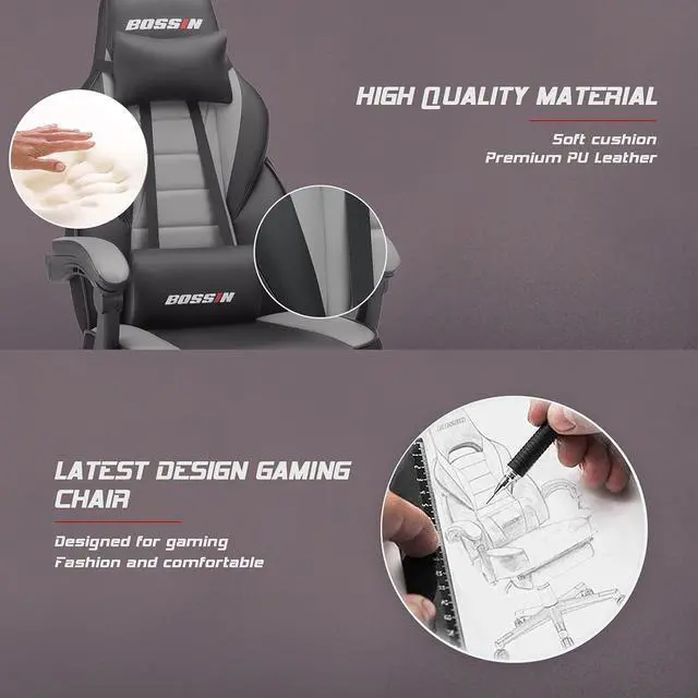 Alt view image 3 of 6 - Gaming Chair with Massage, Ergonomic Heavy Duty Design with Footrest and Lumbar Support, Large Size Cushion High Back Office Chair, Big and Tall Gaming Computer Chair for Kids