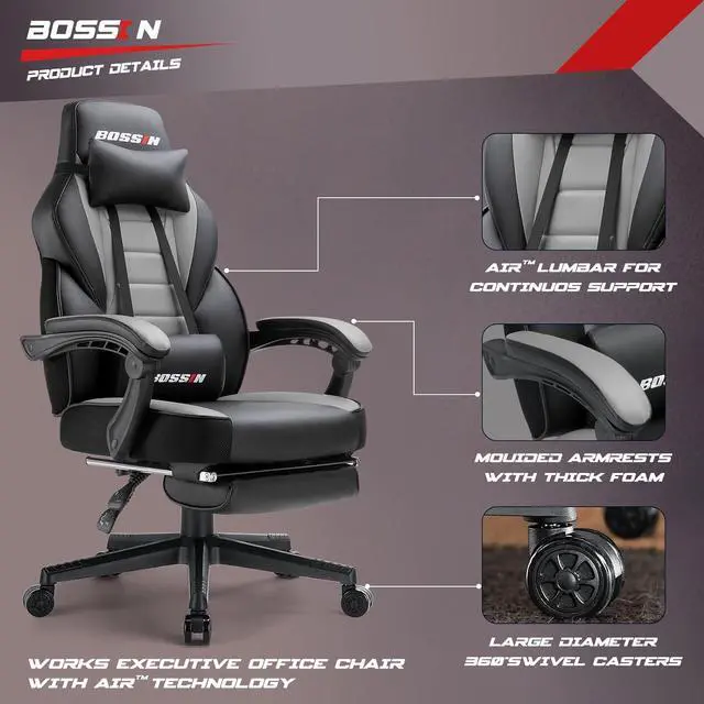 Alt view image 6 of 6 - Gaming Chair with Massage, Ergonomic Heavy Duty Design with Footrest and Lumbar Support, Large Size Cushion High Back Office Chair, Big and Tall Gaming Computer Chair for Kids