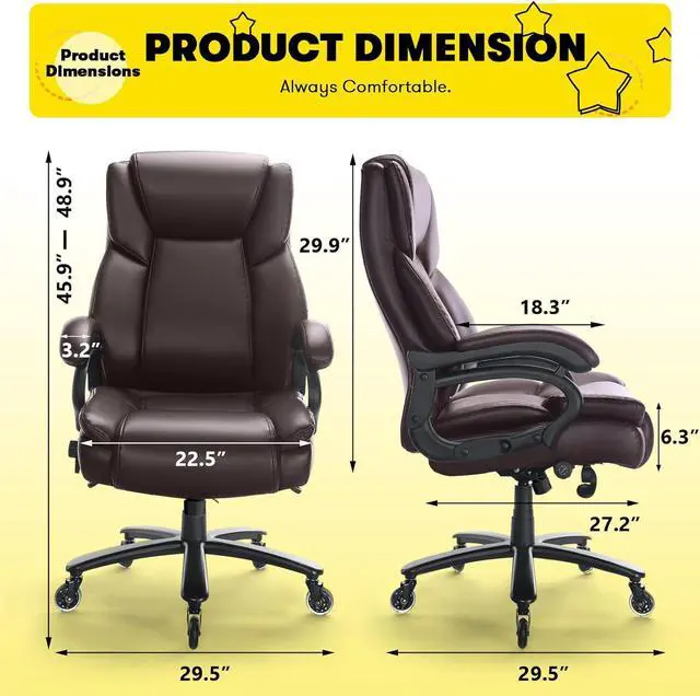 Alt view image 3 of 7 - Big and Tall Office Chair 500lbs - Adjustable Lumbar Support, Office Chair for Heavy People, Heavy Duty High Back Executive Desk Chair with Wide Seat and Quiet Rubber Wheels, Large Office Chair