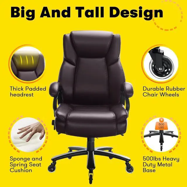Alt view image 7 of 7 - Big and Tall Office Chair 500lbs - Adjustable Lumbar Support, Office Chair for Heavy People, Heavy Duty High Back Executive Desk Chair with Wide Seat and Quiet Rubber Wheels, Large Office Chair