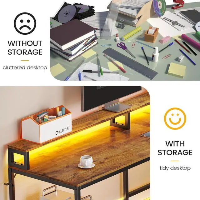 Alt view image 3 of 7 - L Shaped Desk, 66" Home Office Desk with File Drawer & Power Outlet, Gaming Desk with Led Lights, Corner Computer Desk with Monitor Shelf, Printer Storage Shelves, Two Person Desk, Rustic Brown