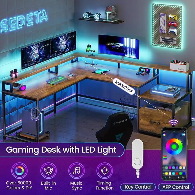 Alt view image 7 of 7 - L Shaped Desk, 66" Home Office Desk with File Drawer & Power Outlet, Gaming Desk with Led Lights, Corner Computer Desk with Monitor Shelf, Printer Storage Shelves, Two Person Desk, Rustic Brown