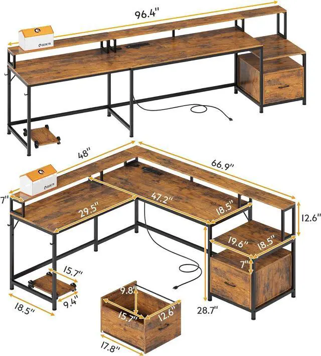 Alt view image 2 of 7 - L Shaped Desk, 66" Home Office Desk with File Drawer & Power Outlet, Gaming Desk with Led Lights, Corner Computer Desk with Monitor Shelf, Printer Storage Shelves, Two Person Desk, Rustic Brown