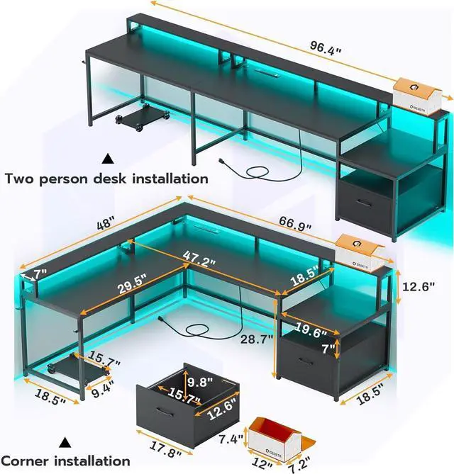 Alt view image 2 of 7 - L Shaped Gaming Desk, 66" Home Office Desk with File Drawer & Power Outlet, Gaming Desk with Led Lights, Corner Computer Desk with Monitor Shelf, Printer Storage Shelves, Two Person Desk, Black