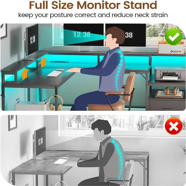 Alt view image 6 of 7 - L Shaped Gaming Desk, 66" Home Office Desk with File Drawer & Power Outlet, Gaming Desk with Led Lights, Corner Computer Desk with Monitor Shelf, Printer Storage Shelves, Two Person Desk, Black
