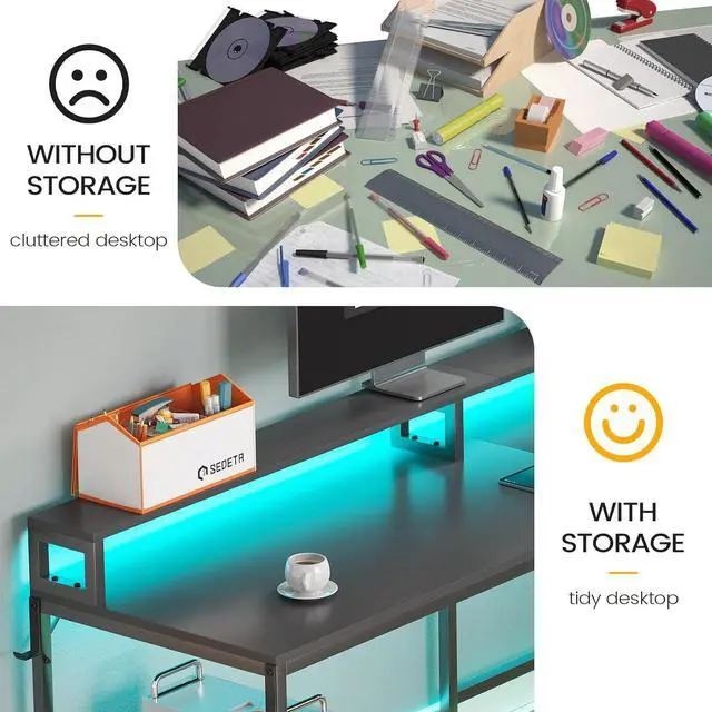 Alt view image 3 of 7 - L Shaped Gaming Desk, 66" Home Office Desk with File Drawer & Power Outlet, Gaming Desk with Led Lights, Corner Computer Desk with Monitor Shelf, Printer Storage Shelves, Two Person Desk, Black