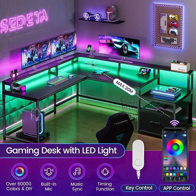Alt view image 7 of 7 - L Shaped Gaming Desk, 66" Home Office Desk with File Drawer & Power Outlet, Gaming Desk with Led Lights, Corner Computer Desk with Monitor Shelf, Printer Storage Shelves, Two Person Desk, Black