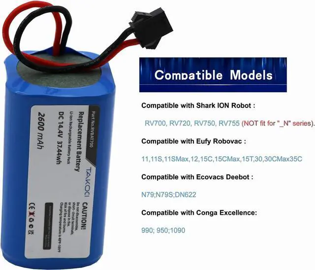 Alt view image 2 of 7 - Shark Battery RVBAT700 Replacement Battery for Shark ION Robot RV720,RV750, RV700,RV755 Vacuum Cleaners (Attention: 3-Prongs Connector)