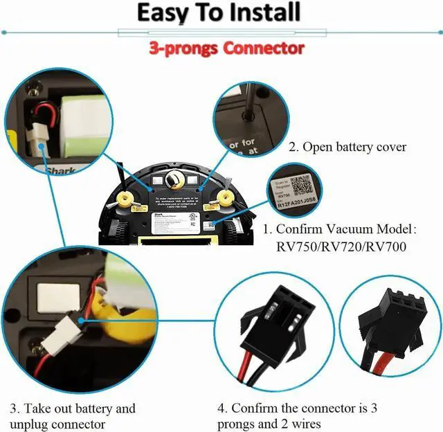 Alt view image 5 of 7 - Shark Battery RVBAT700 Replacement Battery for Shark ION Robot RV720,RV750, RV700,RV755 Vacuum Cleaners (Attention: 3-Prongs Connector)