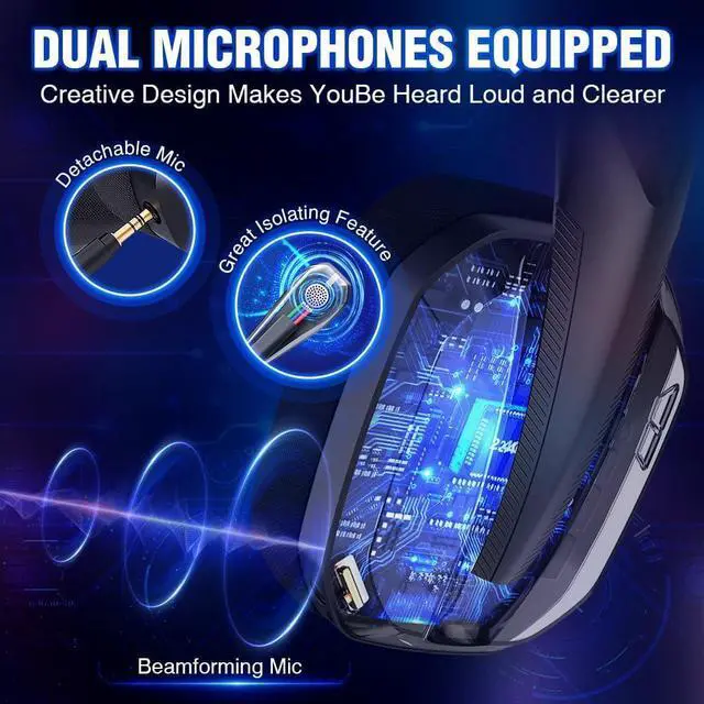 Alt view image 4 of 7 - Wireless Gaming Headset for PC, PS5, PS4, Switch, Mac, Bluetooth USB Over-Ear Headphones with Detachable and Built-in Mics, Noise Isolation, Low Latency, Lightweight
