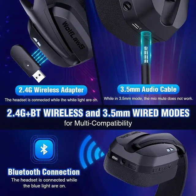 Alt view image 7 of 7 - Wireless Gaming Headset for PC, PS5, PS4, Switch, Mac, Bluetooth USB Over-Ear Headphones with Detachable and Built-in Mics, Noise Isolation, Low Latency, Lightweight