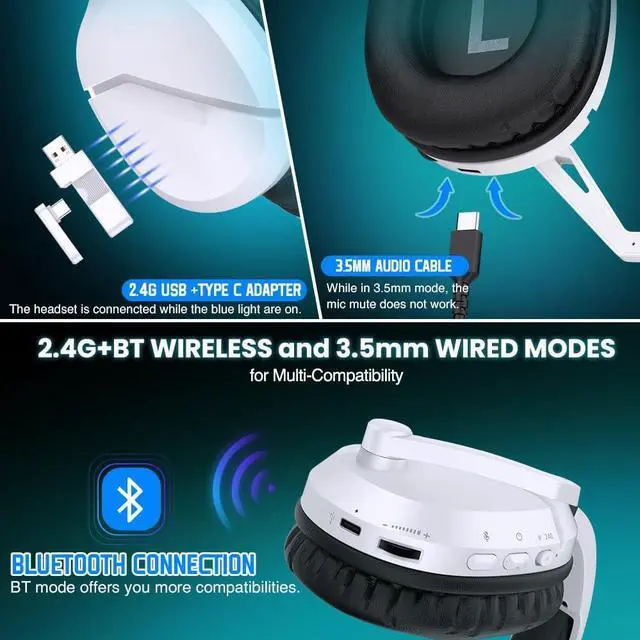 Alt view image 2 of 7 - Wireless Gaming Headset with Noise Canceling Microphone for PS5, PC, PS4, 2.4G/Bluetooth Gaming Headphones with USB and Type-c Connector, 3.5mm Wired for Controller - White