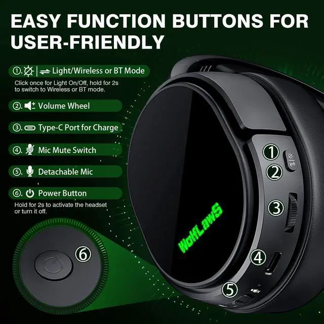 Alt view image 7 of 7 - Wireless Gaming Headset for Xbox Series X|S, Xbox One, PS5, PC, Mac, Nintendo Switch, Bluetooth Over Ear Gaming Headphones with Detachable Noise Canceling Microphone, 40H Battery