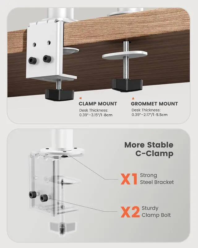 Alt view image 6 of 6 - Dual Monitor Desk Mount, Fully Adjustable Dual Monitor Arm for 2 Computer Screens up to 32 inch, Heavy Duty Dual Monitor Stand for Desk, Holds up to 17.6 lbs per Arm - White