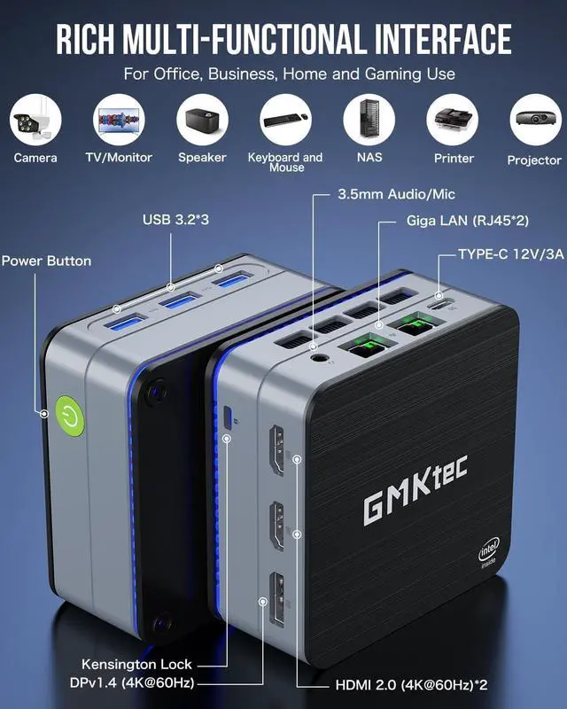 Alt view image 6 of 7 - Desktop Mini PC Windows 11 Pro Intel N100 12GB DDR5 512GB SSD Dual LAN, Mini Computer 1000Mbps, 4K Triple Display, WiFi6, BT5.2, Energy Efficient