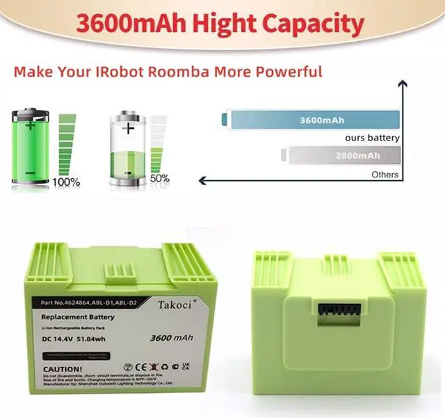 Alt view image 3 of 7 - 3600mAh Replacement Battery for IROBOT Roomba i7 / 7150 / i7+ / 7550 / e5 / e6 / i3 / i4 / e5 / e5152 / e5154, More e and i Series Vacuum ABL-D1 ABL-D2 4624864