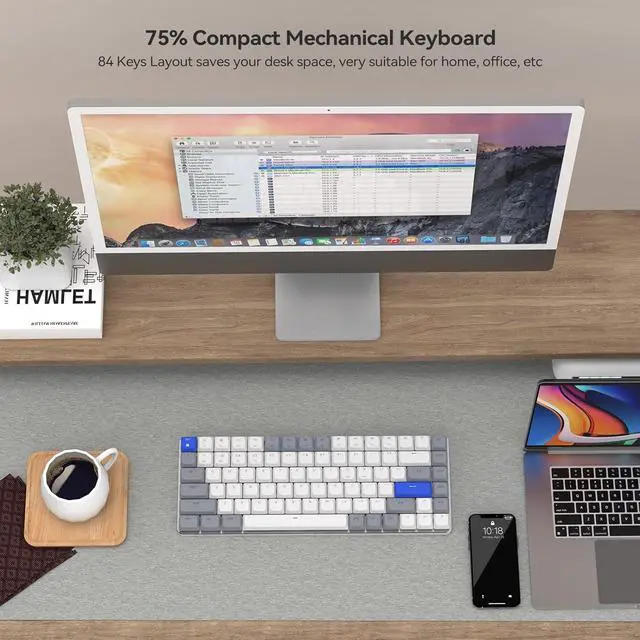 Alt view image 3 of 7 - Wireless Bluetooth 75% Mechanical Keyboard: Compact Multi-Device Rechargeable Backlit Gaming Keyboard with 84-Key Layout, Low Profile Brown Switches for Windows/Mac/PC/Laptop