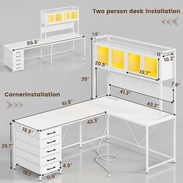 Alt view image 2 of 7 - L Shaped Gaming Desk with Drawers, L Shaped Computer Desk with Hutch and Storage Shelves, Gaming Desk with Pegboard, Led Lights, and Power Outlet, Home Office Desk, Corner Desk, White