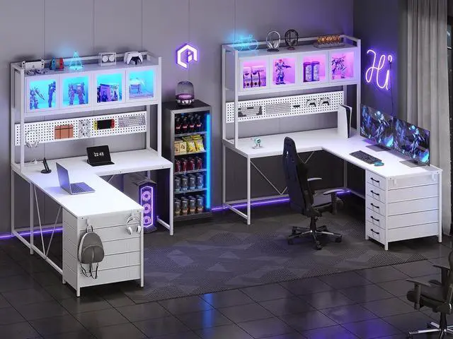 Alt view image 6 of 7 - L Shaped Gaming Desk with Drawers, L Shaped Computer Desk with Hutch and Storage Shelves, Gaming Desk with Pegboard, Led Lights, and Power Outlet, Home Office Desk, Corner Desk, White