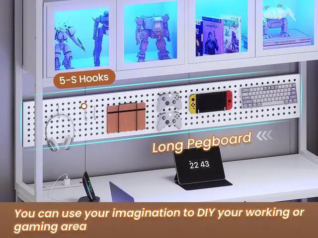 Alt view image 5 of 7 - L Shaped Gaming Desk with Drawers, L Shaped Computer Desk with Hutch and Storage Shelves, Gaming Desk with Pegboard, Led Lights, and Power Outlet, Home Office Desk, Corner Desk, White