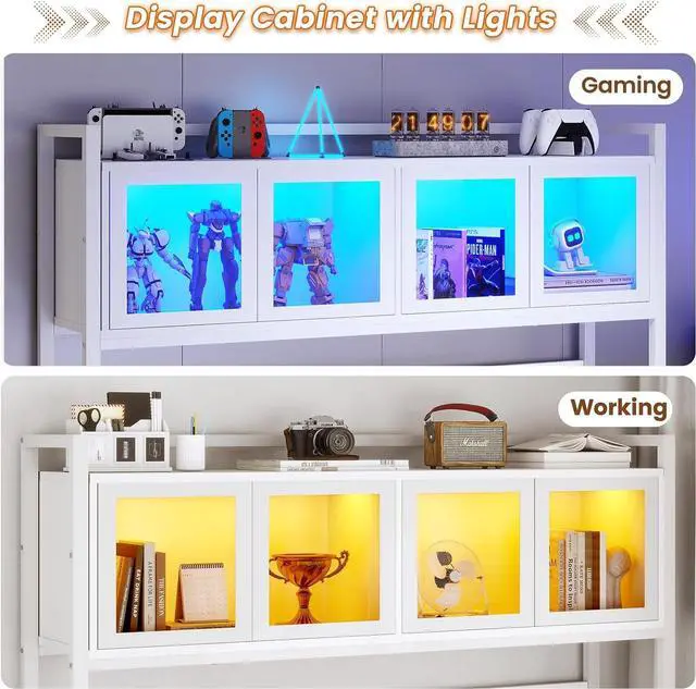 Alt view image 4 of 7 - L Shaped Gaming Desk with Drawers, L Shaped Computer Desk with Hutch and Storage Shelves, Gaming Desk with Pegboard, Led Lights, and Power Outlet, Home Office Desk, Corner Desk, White