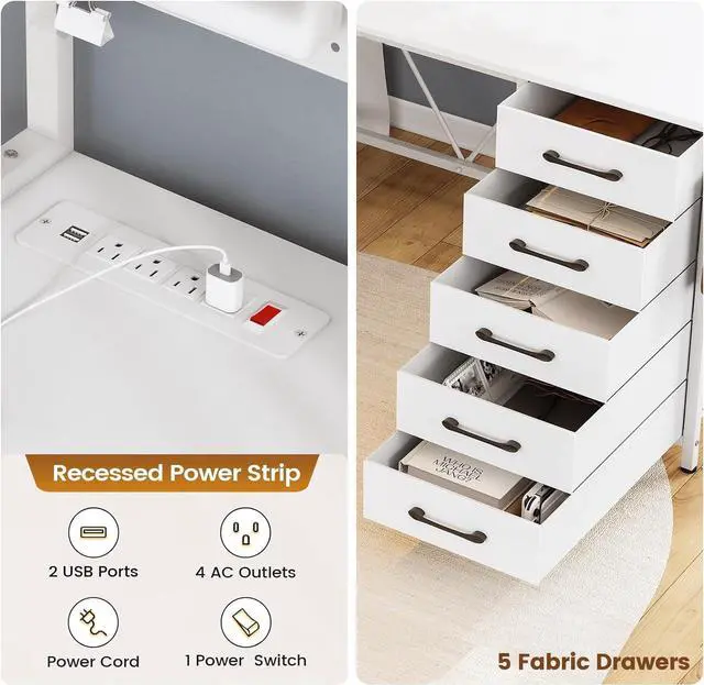 Alt view image 3 of 7 - L Shaped Gaming Desk with Drawers, L Shaped Computer Desk with Hutch and Storage Shelves, Gaming Desk with Pegboard, Led Lights, and Power Outlet, Home Office Desk, Corner Desk, White